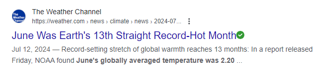 Headline from The Weather Channel on Jul 12, 2024 reading "June Was Earth's 13th Straight Record-Hot Month"