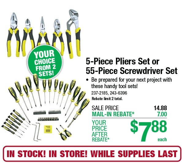 5-Piece Pliers Set or 55-Piece Screwdriver Set