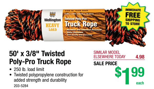 50' x 3/8" Twisted  Poly-Pro Truck Rope