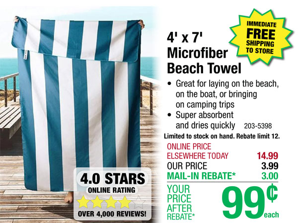 4' x 7' Microfiber Beach Towel - Free Shipping To Store!