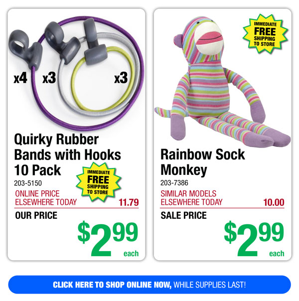 Quirky Rubber Bands with Hooks 10 Pack - ONLY $2.99! Rainbow Sock Monkey - ONLY $2.99!  