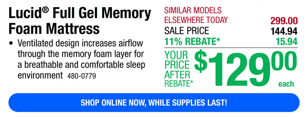 Lucid® Full Gel Memory Foam Mattress-ONLY $129 After Rebate*!