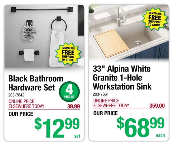 Black Bathroom Hardware Set - ONLY $12.99! 33" Alpina White Granite 1-Hole Workstation Sink - ONLY $68.99!