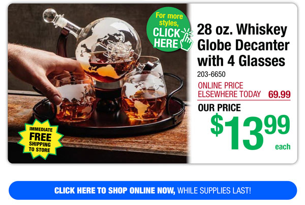 28 oz. Whiskey Globe Decanter with 4 Glasses - ONLY $13.99!