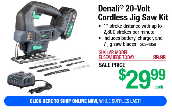 Denali® 20-Volt Cordless Jig Saw Kit - Free Shipping To Store!