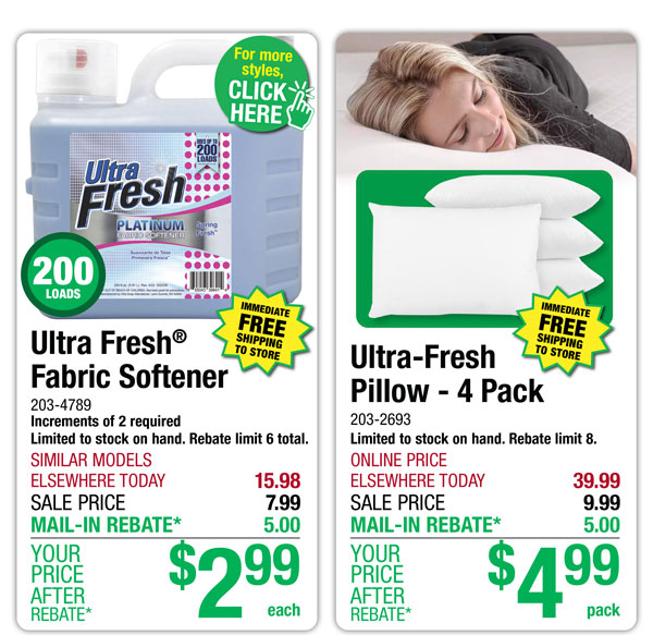 Ultra Fresh® Fabric Softener - ONLY $2.99 After Rebate*!  Ultra-Fresh Pillow - 4 Pack - ONLY $4.99 After Rebate*!