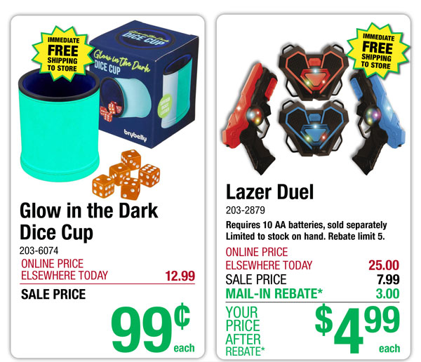 Glow in the Dark Dice Cup - ONLY 99¢! Lazer Duel - ONLY $4.99 After Rebate*! 