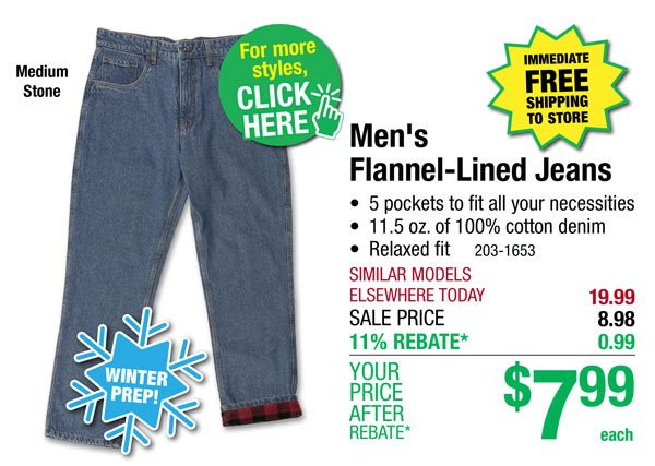 Men's Flannel-Lined Jeans - Free Shipping To Store!