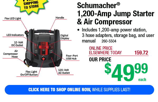 Schumacher® 1,200-Amp Jump Starter & Air Compressor - Free Shipping To Store!