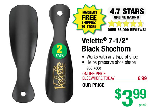 Velette® 7-1/2" Black Shoehorn - Free Shipping To Store!