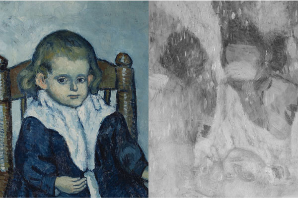 Left: Pablo Picasso. Child Seated in an Armchair (detail), 1901. The Barnes Foundation, BF128. © 2024 Estate of Pablo Picasso / Artists